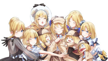&gt;_&lt; 6+girls :d :o ;) ^_^ artist_collaboration backless_dress backless_outfit bee_costume black_gloves blonde_hair blue_eyes breasts brown_coat catricius closed_eyes closed_mouth coat collared_shirt commentary deerstalker detached_sleeves detective double_bun dress dress_shirt english_commentary evening_gown gloves group_hug hair_bun hands_on_own_chest happy_tears hat headset helmet highres hito_(maruhito) hololive hololive_english hololive_idol_uniform_(bright) hug large_breasts long_sleeves making-of_available medium_hair multiple_girls multiple_persona official_alternate_costume one_eye_closed open_clothes open_coat open_mouth puffy_short_sleeves puffy_sleeves puppet shirt short_sleeves simple_background single_hair_bun smile smol_ame space_helmet tears u_u virtual_youtuber w_arms watson_amelia watson_amelia_(1st_costume) watson_amelia_(astronaut) watson_amelia_(new_year) watson_amelia_(party_dress) watson_amelia_(street_casual) white_background white_shirt xd