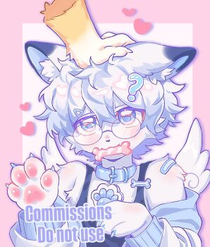 2others androgynous animal_ears animal_hands black_tank_top blue_collar blue_eyes bone border claws collar commentary commission detached_wings disembodied_hand dog_ears furry glasses headpat heart highres jacket mouth_hold multiple_others neku_boo original other_focus paw_print pawpads pink_border question_mark_hair_ornament round_eyewear short_hair simple_background solo_focus tank_top tenshi_kaiwai track_jacket upper_body watermark white_background white_fur white_hair wings