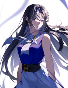 Rule 34 | 1girl, absurdres, akaerys, belt, black hair, blue eyeliner, blue shirt, blue skirt, butterfly earrings, chinese commentary, collared shirt, commentary request, cowboy shot, curtained hair, earrings, eyeliner, facial tattoo, floating clothes, floating hair, grin, hair ornament, hair over one eye, hairclip, highres, jewelry, long hair, looking at viewer, makeup, mole, mole under eye, multiple belts, parted lips, purple eyes, ribbon, shirt, skirt, sleeveless, sleeveless shirt, smile, solo, takt op., tattoo, tengoku (takt op.), white background, white ribbon