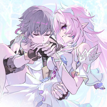 1boy 1girl absurdres black_gloves breasts caelus_(honkai:_star_rail) closed_mouth commentary_request cyrene_(honkai:_star_rail) cyrene_(ripples_of_past_reverie)_(honkai:_star_rail) diamond-shaped_pupils diamond_(shape) dress earrings fingerless_gloves gloves grey_hair halo highres honkai:_star_rail honkai_(series) jewelry kiss kissing_hand long_hair medium_breasts pink_hair pointy_ears purple_eyes ring short_hair smile symbol-shaped_pupils trailblazer_(honkai:_star_rail) very_long_hair wedding_ring white_dress xinliu_asato