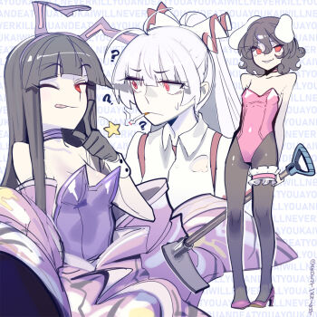 3girls :p ? ?? alternate_costume animal_ears arms_behind_back black_gloves black_hair boa_(brianoa) bow breasts brown_pantyhose cigarette closed_mouth collared_shirt commentary_request english_text floppy_ears frilled_thigh_strap fujiwara_no_mokou gloves grey_hair hair_bow high_heels holding houraisan_kaguya inaba_tewi leotard long_hair looking_at_another looking_at_viewer medium_hair multiple_girls one_eye_closed pantyhose pink_leotard pink_shoes playboy_bunny purple_leotard rabbit_ears rabbit_girl red_eyes shirt shoes small_breasts smile smoking star_(symbol) suspenders sweatdrop thigh_strap tongue tongue_out touhou twitter_username white_shirt wrist_cuffs
