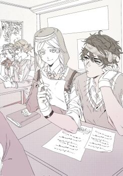 Rule 34 | 2boys, 2girls, anne lester, book, bow, bowtie, braid, coat, collared shirt, commentary request, curly hair, ganji gupta, gloves, goggles, goggles around neck, goggles on headwear, greyscale, hair between eyes, hat, headband, headdress, highres, holding, holding paper, identity v, indoors, jngcng965604, long hair, looking at another, luca balsa, monochrome, multiple boys, multiple girls, neckerchief, own hands together, paper, parted lips, ponytail, shirt, shirt under sweater, short hair, short ponytail, sitting, sleeves rolled up, smile, sweater, torn clothes, torn sleeves, tracy reznik, twin braids, upper body, white gloves, window
