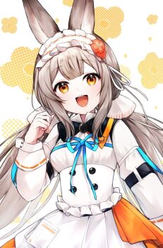 1girl :d arknights blue_ribbon brown_hair commentary_request cowboy_shot floral_background flower frilled_hairband frilled_shirt frills hair_flower hair_ornament hairband hand_up long_hair long_sleeves looking_at_viewer mugichya_(mugi_00xx) open_mouth orange_eyes orange_flower ribbon ribbon-trimmed_hairband ribbon-trimmed_sleeves ribbon_trim shirt skirt smile solo sparkle standing warmy_(arknights) white_background white_hairband white_shirt white_skirt
