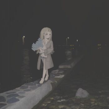 absurdres black_sky blue_flower bouquet brown_robe camisole collarbone commentary flipped_hair flower gakuen_idolmaster grey_eyes grey_hair highres holding holding_bouquet idolmaster lamppost long_hair looking_to_the_side night ocean open_clothes open_robe outdoors robe shinosawa_hiro shoes shore sky timesoe walking water white_camisole white_shoes wide_shot