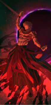 Rule 34 | 1boy, abs, absurdres, body markings, commentary request, fate/grand order, fate (series), full body, great grail, grey hair, grigori rasputin (fate), grigori rasputin (third ascension) (fate), highres, hole in chest, hole on body, kotomine kirei, kotori200201, looking at viewer, male focus, medium hair, official alternate costume, pectorals, skirt, smile, solo, standing, tattoo, toned, toned male, topless male