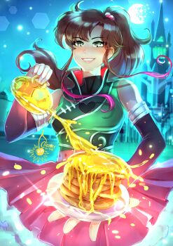 1girl artist_logo bare_shoulders bishoujo_senshi_sailor_moon bottle broken_moon brown_hair cherry_in_the_sun clip_studio_paint_(medium) commentary cosplay crossover english_commentary food green_eyes green_shirt high_ponytail holding holding_bottle honey kino_makoto lie_ren lie_ren_(cosplay) logo looking_at_viewer moon nora_valkyrie nora_valkyrie_(cosplay) pancake pancake_stack pink_skirt ponytail rwby shirt skirt sleeveless sleeveless_shirt smile solo