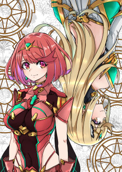 2girls blonde_hair bob_cut breasts closed_mouth commentary_request covered_navel dimples_of_venus highres large_breasts long_hair multiple_girls mythra_(xenoblade) purple_eyes pyra_(xenoblade) red_eyes red_hair smile sofusan1526 xenoblade_chronicles_(series) xenoblade_chronicles_2