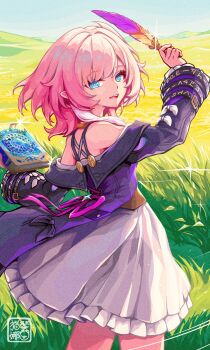 1girl as_i&#039;ve_written_(honkai:_star_rail) barine blue_eyes blue_sky book coat commentary cyrene_(aedes_elysiae)_(honkai:_star_rail) cyrene_(honkai:_star_rail) dress highres holding holding_book holding_quill honkai:_star_rail honkai_(series) looking_at_viewer multicolored_hair outdoors pink_hair pointy_ears purple_coat quill short_hair sky solo two-tone_hair white_dress white_hair