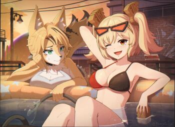 animal_ears arm_up bikini black_bikini black_choker blonde_hair breasts brick_wall building burnice_white cat_ears cat_girl cat_tail choker cleavage cleavage_cutout closed_mouth clothing_cutout collarbone eyewear_on_head green_eyes hair_ornament hand_on_own_face highres holding knees_up large_breasts long_hair looking_at_another looking_at_viewer medium_hair multicolored_bikini navel navel_peek orange_eyes orange_sky pool pulchra_fellini red_bikini serval sitting sky smile sunglasses sunset swimsuit tail tank_top tenescross twintails white_tank_top wire writing writing_on_wall zenless_zone_zero