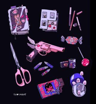 artist_name battery black_background black_hair bow bowtie bullet candy capsule character_sticker chocolate chocolate_bar colored_skin commentary crying cute_weapon eraser food food_bite ghost ghost_print gun handgun heart heart_sticker limited_palette lollipop mushroom mushroom_on_head myon_(tokipi) no_humans notebook object_focus original partially_unwrapped_candy pen pencil photo_(object) pink_skin pink_theme pink_weapon red_bow red_bowtie scissors signature simple_background star_(symbol) star_sticker sticker symbol-only_commentary weapon white_wings winged_weapon wings wrapped_candy