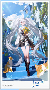 1girl absurdly_long_hair absurdres boots brown_boots cactus cat character_name commentary copyright_name day english_commentary full_body highres long_hair luna_(pgr) official_art plant polaroid_photo potted_plant punishing:_gray_raven red_eyes sky solo stairs very_long_hair walking white_hair