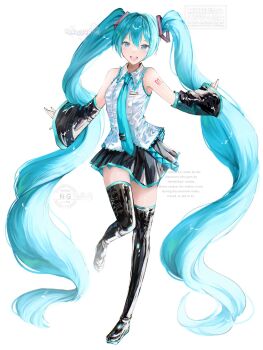 Rule 34 | 1girl, aqua eyes, aqua hair, aqua necktie, black skirt, black sleeves, detached sleeves, hashtag-only commentary, hatsune miku, highres, long hair, necktie, number tattoo, shirt, skellychan, skirt, sleeveless, sleeveless shirt, solo, tattoo, twintails, very long hair, vocaloid, white background