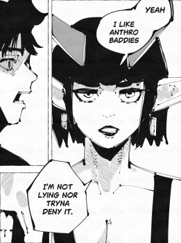 1boy 1girl absurdres blunt_bangs breasts cleavage english_text greyscale hatching_(texture) highres horns jujutsu_kaisen linear_hatching looking_at_viewer miregeist monochrome open_mouth original pointy_ears scene_reference short_hair speech_bubble talking