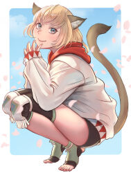 Rule 34 | 1girl, adventurer (ff11), animal ear fluff, animal ears, blonde hair, blue eyes, brown tail, cactus41747280, cat ears, cat girl, cat tail, cherry blossoms, closed mouth, falling petals, final fantasy, final fantasy xi, fingernails, fringe trim, full body, highres, hood, hood down, hoodie, long sleeves, mithra (ff11), own hands together, petals, red hoodie, short hair, sleeves past wrists, smile, solo, squatting, tail, tail raised, toeless legwear, toenails, two-tone hoodie, white hoodie