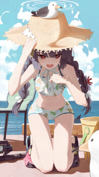 1girl absurdres animal animal_on_head bikini bird bird_on_head black_hair blue_archive blue_sky blunt_bangs blunt_ends blush bow braid bright_pupils chinese_commentary commentary_request crocs day eyes_visible_through_hair fishing_rod full_body furrowed_brow grey_halo hair_bow halo hand_up hands_on_headwear hat highres kneeling knees_together_feet_apart leaf leaf_on_head leaf_print long_hair looking_to_the_side low_twintails miyu_(blue_archive) miyu_(swimsuit)_(blue_archive) ocean official_alternate_costume official_alternate_hairstyle on_head open_mouth outdoors print_bikini re_naya red_eyes seagull sidelighting sidelocks sky solo straw_hat sun_hat swimsuit tearing_up tears tsurime twin_braids twintails white_bikini white_bird white_bow white_pupils