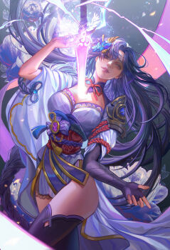 1girl armor black_thighhighs blue_flower breasts cleavage cowboy_shot electricity fan_yang_(jiuge) fingerless_gloves flower genshin_impact gloves hair_flower hair_ornament highres holding holding_sword holding_weapon human_scabbard japanese_clothes kimono large_breasts long_hair looking_at_viewer obi parted_bangs parted_lips pink_eyes pulling purple_hair purple_kimono raiden_shogun rope sash shoulder_armor single_fingerless_glove solo sword tassel thighhighs thighs weapon