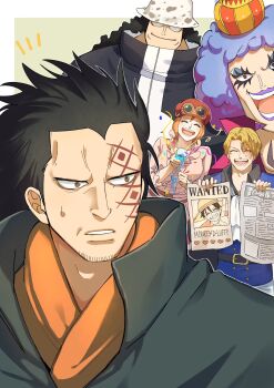 1girl 4boys ^_^ ascot bartholomew_kuma beard black_hair closed_eyes commentary_request confetti crown curly_hair d_e_r_e_l emporio_ivankov eyeshadow facial_hair facial_tattoo fake_eyelashes glasses hair_slicked_back hat highres holding holding_newspaper holding_paper koala_(one_piece) long_hair makeup monkey_d._dragon multiple_boys newspaper notice_lines one_piece orange_ascot paper purple_hair sabo_(one_piece) tattoo wanted_poster