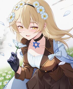 1girl :d belt black_choker black_gloves black_hairband blazer blonde_hair blush bow breasts brown_belt brown_jacket brown_skirt capelet choker commentary danraz0r double-parted_bangs falling_petals field floating_hair flower flower_field flower_request girls&#039;_frontline gloves hair_between_eyes hair_flower hair_intakes hair_ornament hairband hand_up hexagram highres holding holding_flower jacket lapels large_breasts leaning_forward long_sleeves looking_at_viewer medium_hair miniskirt narrowed_eyes notched_lapels open_mouth pendant_choker petals pleated_skirt skirt sleeve_cuffs smile smoke solo star_(symbol) star_choker star_of_david star_pendant upper_body variant_set white_background white_bow white_capelet white_flower white_petals x95_(girls&#039;_frontline) yellow_eyes