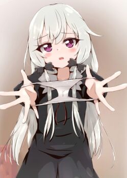 1girl black_dress black_hair blush bow cowboy_shot dot_nose dress embarrassed eyelashes female_focus grey_hair hair_bow holding_panties indoors loli long_hair long_sleeves looking_at_viewer open_mouth outstretched_arms panties pov presenting_removed_panties purple_eyes removing_panties sidelocks solo sophie_twilight standing tonari_no_kyuuketsuki-san underwear vampire white_panties yuzukiaz