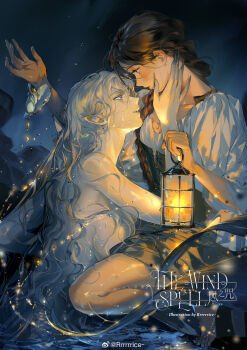 Rule 34 | 2girls, artist name, blush, braid, breasts, brown hair, commentary request, completely nude, copyright name, from side, green eyes, hair over shoulder, highres, holding, holding lantern, lantern, large breasts, long hair, looking at another, multiple girls, night, nude, open mouth, outdoors, pale skin, pointy ears, puffy short sleeves, puffy sleeves, rrr (reason), short sleeves, sideboob, single braid, splashing, the wind spell, very long hair, water