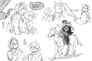2girls absurdres ahoge alternate_costume bead_necklace beads boots chinese_text coat commentary_request cowboy_shot dark-skinned_female dark_skin earrings full_body fur-trimmed_coat fur-trimmed_robe fur_trim greyscale gundam gundam_suisei_no_majo hairband highres holding horse horseback_riding jewelry long_hair looking_at_another miorine_rembran mongolian_clothes monochrome multiple_girls necklace nideaneng pants pushing riding riding_animal robe smile speech_bubble suletta_mercury sweatdrop translation_request upper_body yuri