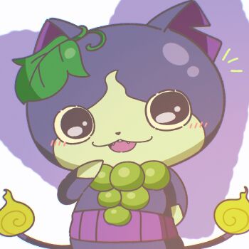 Rule 34 | absurdres, blush, budounyan, cat, commentary request, fire, flame-tipped tail, full body, haramaki, highres, leaf, looking at viewer, multiple tails, no humans, notched ear, open mouth, purple fur, solo, suzu youkai, tail, two tails, upper body, youkai (youkai watch), youkai watch