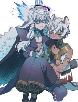 absurdres animal_ears biting biting_another's_hand biting_hand black_hair bracelet cat_boy cat_ears choker closed_eyes coat couple daimon_kisora_(vtuber) dark_skin feathers fur-trimmed_coat fur_trim halo hand_grab head_wings highres holding_another's_arm indie_virtual_youtuber jewelry mihos_(vtuber) multicolored_hair navel nazuna_higurasi tail tail_ornament tail_ring tattoo virtual_youtuber white_hair wings yellow_eyes