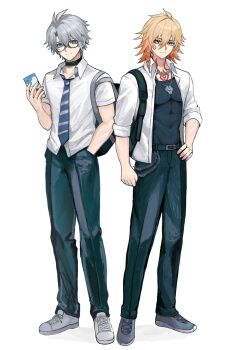 Rule 34 | 2boys, antenna hair, arm tattoo, backpack, bag, belt, black bag, black belt, black choker, black pants, blonde hair, blue eyes, blue necktie, braid, chest tattoo, choker, chrysos heirs school uniform, collared shirt, commentary request, facial tattoo, glasses, gradient hair, hand in pocket, highres, holding, holding phone, honkai: star rail, honkai (series), male focus, medium hair, multicolored hair, multiple boys, mydei (honkai: star rail), neck tattoo, necktie, official alternate costume, pants, parted bangs, phainon (honkai: star rail), phone, red hair, red tattoo, school uniform, shirt, short hair, short sleeves, side braid, simple background, sleeves rolled up, st mf, striped clothes, striped necktie, tachi-e, tattoo, two-tone necktie, white background, white hair, white necktie, white shirt, yellow eyes