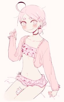 1girl ahoge arm_support between_thighs bikini bikini_ribbon bikini_skirt blush cardigan choker closed_mouth collarbone creature cropped_cardigan cropped_legs earrings eds flat_chest frilled_bikini frilled_choker frills hair_behind_ear hair_ornament hairclip hand_up happy_(eds) highres jewelry long_sleeves looking_at_viewer looking_to_the_side nail_polish navel open_cardigan open_clothes original parted_bangs pink_cardigan pink_eyes pink_hair pink_nails ponytail ringed_eyes ruffle_bikini short_eyebrows short_hair short_ponytail simple_background sitting smile solo stomach stud_earrings swimsuit thick_eyebrows