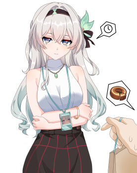 Rule 34 | 1girl, absurdres, alternate costume, arms under breasts, bag, baumkuchen, black hairband, black skirt, blue eyes, blue pupils, breasts, commentary, firefly (honkai: star rail), gradient hair, green hair, grey hair, hairband, highres, holding, holding bag, honkai: star rail, honkai (series), id card, jewelry, long hair, maxwelzy, medium breasts, multicolored eyes, multicolored hair, necklace, out of frame, purple eyes, shirt, simple background, skirt, sleeveless, sleeveless shirt, solo focus, spoken food, two-tone eyes, two-tone hair, white background, white shirt