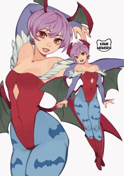 1girl animal_print arm_up artist_logo bat_print bat_wings blue_pantyhose boots bridal_gauntlets commentary covered_navel darkstalkers demon_girl elbow_gloves english_commentary flat_chest gloves head_wings high_heel_boots high_heels highres kamii_momoru leotard lilith_(darkstalkers) logo looking_at_viewer low_wings multiple_views open_mouth pantyhose parted_lips print_pantyhose purple_gloves purple_hair red_boots red_eyes red_leotard short_hair simple_background teeth upper_teeth_only white_background wings