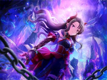 Rule 34 | 1girl, akikaze rui, asymmetrical clothes, black gloves, black hair, black pants, blurry, blurry foreground, chain, closed mouth, corset, cosplay, fake horns, game cg, gloves, greek mythology, hades (mythology), hades (mythology) (cosplay), hair down, holding, holding sword, holding weapon, horns, lace, lace sleeves, long hair, looking at viewer, official art, pants, red corset, red eyes, red horns, shoujo kageki revue starlight, shoujo kageki revue starlight -re live-, sidelocks, single pantsleg, solo, standing, sword, upper body, weapon