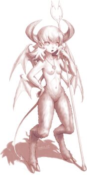 Rule 34 | 1girl, agemmata, bad id, bad pixiv id, breasts, demon girl, eyes visible through hair, female focus, full body, hand on own hip, highres, hooves, horns, jewelry, looking at viewer, monochrome, necklace, nipples, pointy ears, satyr, simple background, small breasts, solo, topless female, white background, wings