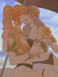 Rule 34 | 2girls, alternate costume, alternate hairstyle, beach, belt, bikini, bikini under clothes, black bikini, blue sky, breasts, chinese commentary, cleavage, closed eyes, cloud, cocktail, cocktail glass, collarbone, commentary request, contemporary, cowboy shot, cup, day, drink, drinking glass, eyewear on head, final fantasy, final fantasy xiv, from side, front-tie top, green eyes, grey hair, hawaiian shirt, highres, holding, holding cup, kiss, leaf print, llymlaen, long hair, multiple girls, nophica, ocean, open clothes, open shirt, orange hair, outdoors, parasol, ponytail, profile, shirt, sitting, sky, smile, sunglasses, swimsuit, thigh belt, thigh strap, umbrella, wo dou gao shi&#039;er shennu, yellow shirt, yuri