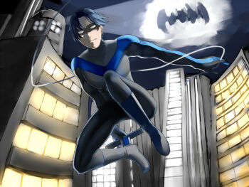 1boy batman_(series) bodysuit city dc_comics dick_grayson domino_mask escrima_stick eye_mask mask night nightwing