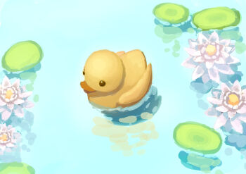 aoi_yoru_(shikizaki) commentary flower highres lily_pad no_humans object_focus original purple_flower rubber_duck water