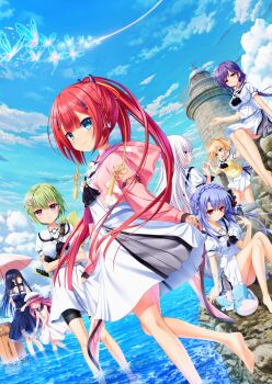 6+girls aqua_eyes barefoot bike_shorts black_dress black_gloves black_hair blonde_hair blue_butterfly blue_eyes blue_hair blue_sky blunt_bangs blunt_ends boulder braid breasts bug butterfly cherry_blossom_print closed_mouth clothes_lift cloud cloudy_sky cover crown_braid day dress feet_out_of_frame fingerless_gloves floating_hair floral_print gloves green_eyes green_hair hair_ornament hairpin highres hood hood_down hooded_kimono humuyun inari_(summer_pockets) insect izumi_tsubasu kamiyama_shiki katou_umi knees_together_feet_apart kushima_kamome lifting_own_clothes lighthouse long_hair long_sleeves looking_at_viewer looking_to_the_side low_ponytail miniskirt mizuori_shizuku multiple_girls na-ga nagayama_yuunon naruse_shiroha neckerchief nomura_miki official_art on_rock outdoors parasol pink_eyes pink_hair ponytail profile puffy_short_sleeves puffy_sleeves purple_hair red_eyes red_hair ribbon rock sailor_collar sailor_dress school_uniform serafuku shirt short_hair short_sleeves side_braid sideways_glance sitting skirt skirt_lift sky sleeveless sleeveless_dress small_breasts smile soaking_feet soles sorakado_ao standing summer_pockets tsumugi_wenders twintails umbrella very_long_hair video_game_cover water_gun white_hair white_shirt white_skirt x_hair_ornament yellow_eyes yellow_ribbon