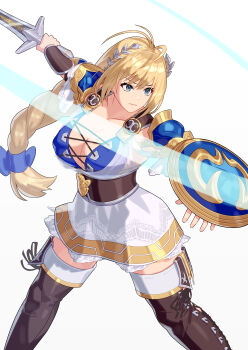 1girl absurdres blonde_hair blue_eyes braid braided_ponytail breasts commentary commission highres holding holding_shield holding_sword holding_weapon long_hair pixiv_commission shield simple_background solo sophitia_alexandra soul_calibur sword weapon white_background yagi2013