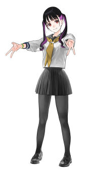 Rule 34 | 1girl, black hair, black pantyhose, black sailor collar, black shoes, black skirt, closed mouth, commentary request, double v, full body, loafers, long sleeves, medium hair, mibu natsuki, neckerchief, original, pantyhose, purple hair, sailor collar, school uniform, serafuku, shirt, shoes, simple background, skirt, smile, solo, standing, twintails, v, white background, white shirt, winter uniform, yellow neckerchief