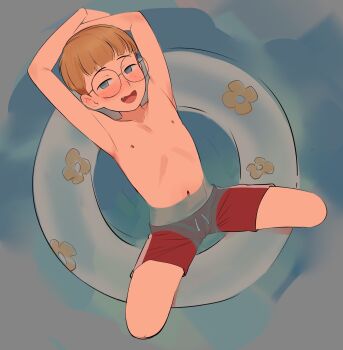 1girl absurdres afloat androgynous armpits arms_up blonde_hair blue_eyes blush cameltoe collarbone cuntboy drawstring fang feet_out_of_frame female_focus flat_chest freckles from_above glasses gluteal_fold highres innertube loli looking_at_viewer looking_up male_swimwear male_swimwear_challenge navel nipples okymir open_mouth original pool red_male_swimwear round_eyewear seductive_gaze short_bangs short_hair solo spread_legs swim_ring swim_trunks swimsuit topless_female water wet