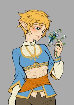 1girl blonde_hair blue_eyes blue_flower blue_shirt blush breasts commentary english_commentary eyelashes flat_color flower green_eyes grey_background highres holding holding_flower nintendo official_alternate_hair_length official_alternate_hairstyle pointy_ears princess_zelda prototype_design rinkuu_art shirt short_hair simple_background smile solo the_legend_of_zelda the_legend_of_zelda:_tears_of_the_kingdom thick_eyebrows very_short_hair