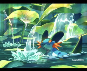 aobi_3814 black_eyes blue_skin closed_mouth colored_sclera colored_skin gen_3_pokemon giant_leaf highres leaf looking_up nintendo no_humans orange_sclera partially_submerged pokemon pokemon_(creature) pokemon_focus solo swampert swimming twitter_username water