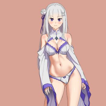 1girl absurdres adapted_costume bare_shoulders blush bow bow_bra bow_panties bra braid breasts brown_background cameltoe closed_mouth collarbone commentary crown_braid detached_sleeves elf emilia_(re:zero) flower frilled_bra frilled_panties frills gluteal_fold grey_hair hair_flower hair_ornament hair_ribbon highres josival long_hair looking_at_viewer medium_breasts navel paid_reward_available panties pointy_ears purple_eyes purple_ribbon re:zero_kara_hajimeru_isekai_seikatsu ribbon simple_background sleeves_past_wrists solo standing straight-on thighs underwear white_bra white_panties white_sleeves wide_sleeves x_hair_ornament