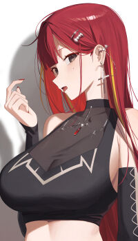 1girl absurdres akane_lize black_shirt blonde_streaks blush breasts crop_top fangs grey_eyes hair_ornament highres large_breasts long_hair looking_at_viewer mm_(mhm2592) mole mole_under_eye multicolored_hair open_mouth red_hair see-through_cleavage see-through_clothes shirt solo stellive streaked_hair tongue tongue_out upper_body virtual_youtuber white_background