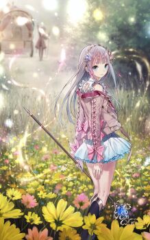 Rule 34 | 2girls, atelier (series), atelier lulua, atelier resleriana, bare shoulders, blunt bangs, boots, elmerulia frixell, field, flower, flower field, green eyes, grey hair, hairband, highres, jacket, key visual, kishida mel, knee boots, long hair, long sleeves, looking at viewer, looking back, miniskirt, multiple girls, non-web source, official art, outdoors, promotional art, rorolina frixell, skirt, staff, wagon, white skirt