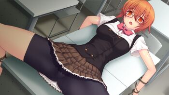 1girl :o bdsm bike_shorts black_shorts black_vest blush bondage bound bow bowtie breasts brown_skirt buttons chair dutch_angle game_cg genseishinki_sacred_virth glasses hair_between_eyes horikoshi_hinano indoors large_variant_set looking_at_viewer lying medium_breasts miniskirt non-web_source official_art on_back open_mouth orange_eyes orange_hair pink_bow pink_bowtie pleated_skirt red-framed_eyewear red_bow red_bowtie rope school_uniform semi-rimless_eyewear shirt short_hair short_sleeves shorts shorts_under_skirt sitting skirt solo spread_legs sweatdrop under-rim_eyewear variant_set vest white_shirt yuugure_pairo