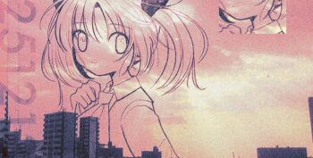 1girl building cloud cloudy_sky collared_shirt film_grain from_side highres lineart looking_at_viewer looking_to_the_side medium_hair neckerchief original pepeppepe101 photo_background shirt sky solo twintails upper_body