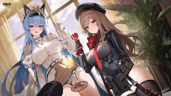 Rule 34 | 1boy, 2girls, absurdres, alcohol, artist request, black hat, blue eyes, blue hair, brown hair, champagne, champagne flute, commander (nikke), cup, drinking glass, goddess of victory: nikke, hat, helm (nikke), highres, holding, holding cup, insignia, long hair, multiple girls, naval jacket, official art, open mouth, pov, rapi (nikke), red wine, shoulder boards, toasting (gesture), upper body, wine