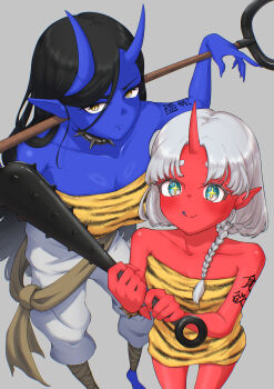 Rule 34 | + +, 2girls, absurdres, animal print, arm tattoo, bad perspective, bare shoulders, black hair, blue eyes, blue oni, blue skin, blush, braid, breasts, choker, cleavage, club, club (weapon), colored skin, commentary request, hair between eyes, highres, holding, holding club, holding weapon, horns, iammatsuge, kanabou, looking at viewer, medium hair, multiple girls, oni, original, pants, parted bangs, pointy ears, red oni, red skin, single horn, skin-covered horns, small breasts, spiked choker, spiked club, spikes, tattoo, tiger print, tongue, tongue out, weapon, white hair, white pants, yellow eyes