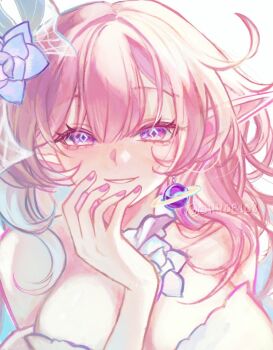 1girl bare_shoulders breasts chiyori08 cleavage commentary cyrene_(honkai:_star_rail) cyrene_(ripples_of_past_reverie)_(honkai:_star_rail) diamond-shaped_pupils diamond_(shape) dress earrings english_commentary flower hair_flower hair_ornament honkai:_star_rail honkai_(series) jewelry large_breasts long_hair pink_hair pink_nails pointy_ears purple_eyes simple_background smile solo symbol-shaped_pupils twitter_username upper_body very_long_hair white_background white_dress